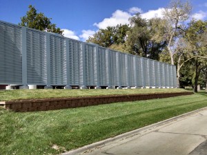 Twelve foot tall PalmSHIELD louvers protecting the mechanical equipment at the University of Nebraska Medical Center. 