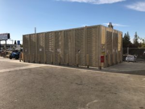 The aluminum louvered fence enclosing a Shell hydrogen refueling station in Citrus Heights, CA