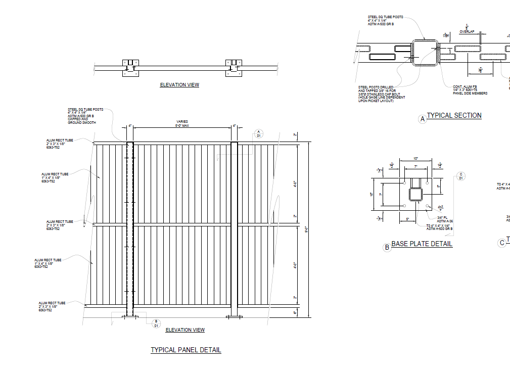 Panel Detail, Section View, Base Plate Detail and Gusset Detail ...