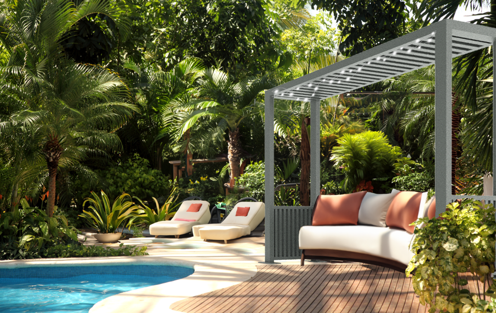 Sun shade structure protecting sofa at a tropical poolside.