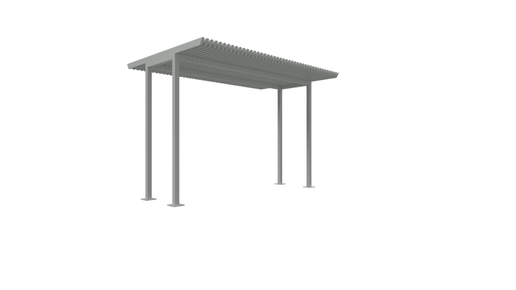 3D image of the Aruna sun shade manufactured by PalmSHADE. Four legs support a louvered rooftop.