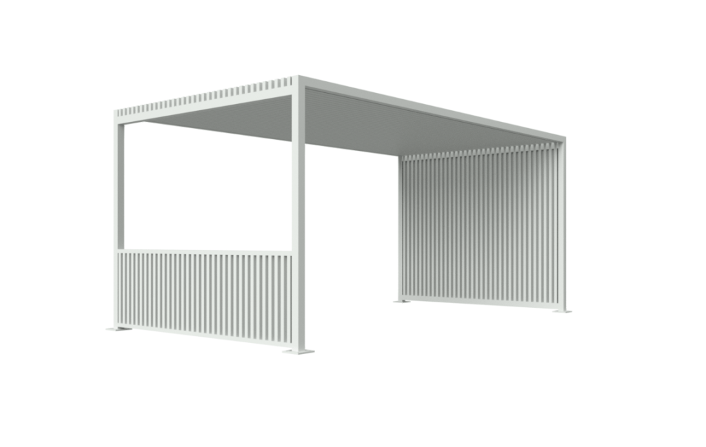 3D image of a Surya sun shade structure. A rooftop with a solid wall, a wall with lower paneling, and two open sides.