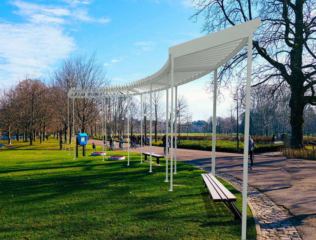 Commerical sun shade structure with curved roof at a public park.