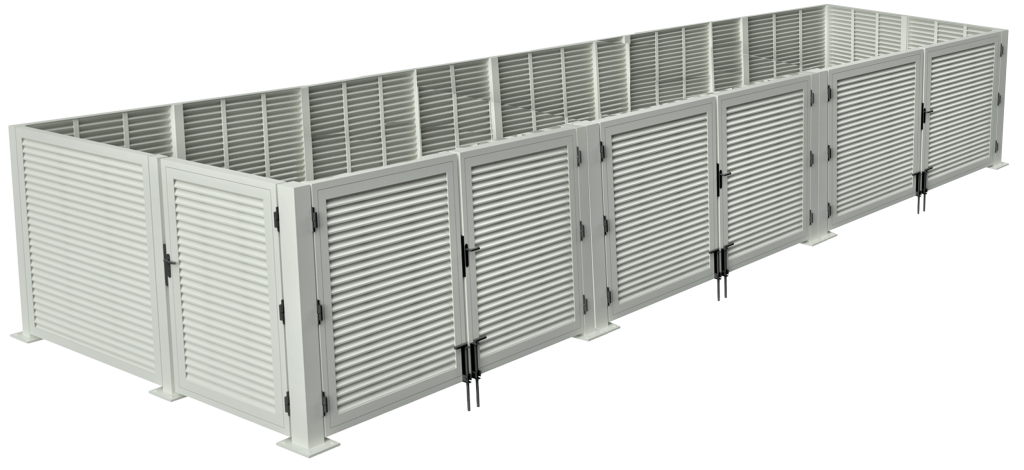 3D drawing overhead view of a triple dumpster with horizontal louvered infill.