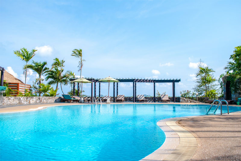 Photograph of a tropic pool, complete with sun chairs, palm trees, and protective sun shades.