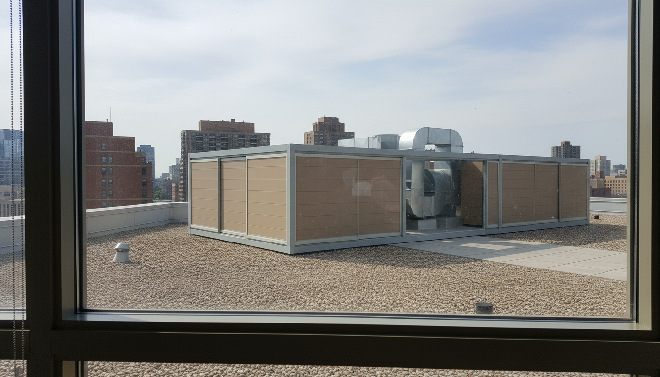 A beige solid rooftop screen with an open panel revealing the mechanical equipment inside.