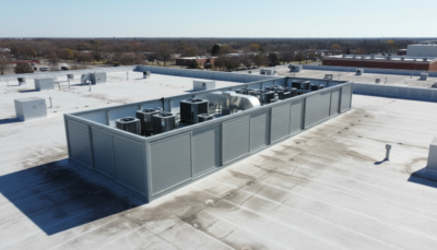 A large commercial rooftop HVAC screening enclosure with aluminum panel walls containing multiple air handling units and mechanical equipment on flat membrane roof system. Industrial rooftop equipment housing featuring tall perimeter screening walls, professional HVAC installation, and urban cityscape background. Commercial building rooftop infrastructure with comprehensive equipment enclosure, TPO roofing membrane, ventilation penetrations, and downtown skyline view.