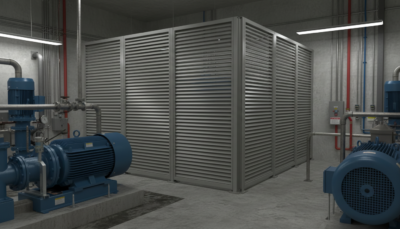 A louvered equipment screening in a utilities room with surrounding equipment.