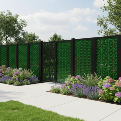 A custom-fabricated fence made of opaque patterned walls, with flowers flanking the gated entrance.