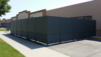 A gray acoustic screen wall at a strip mall.