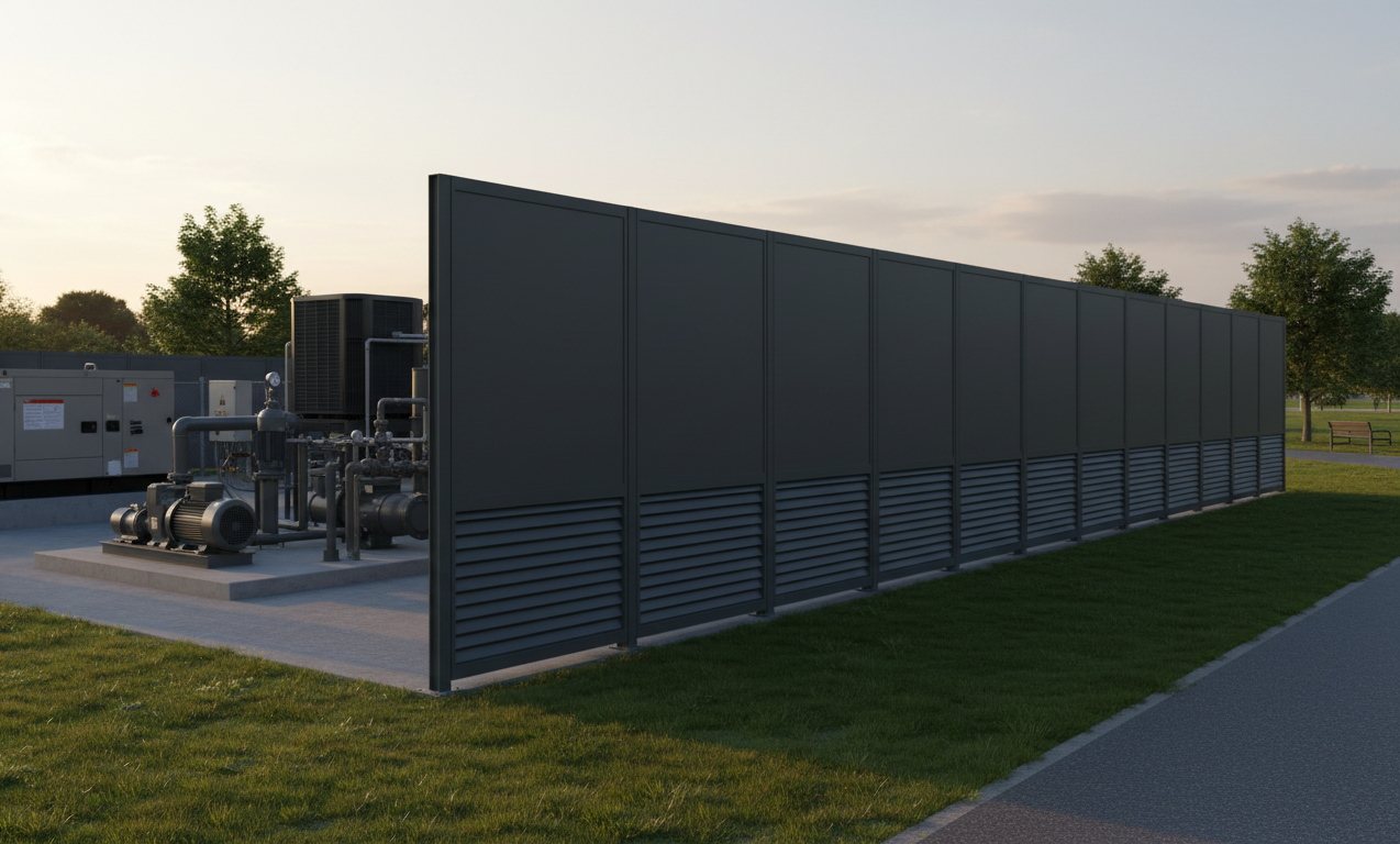 Acoustic screen enclosures in a data center, with yellow-orange equipment light visible between the louvers.