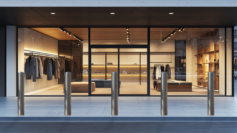 A streetside clothing store with a series of five steel bollards near the road.