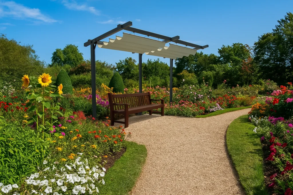 A shade structure with a retractable awning in a public garden lush with flowers.
