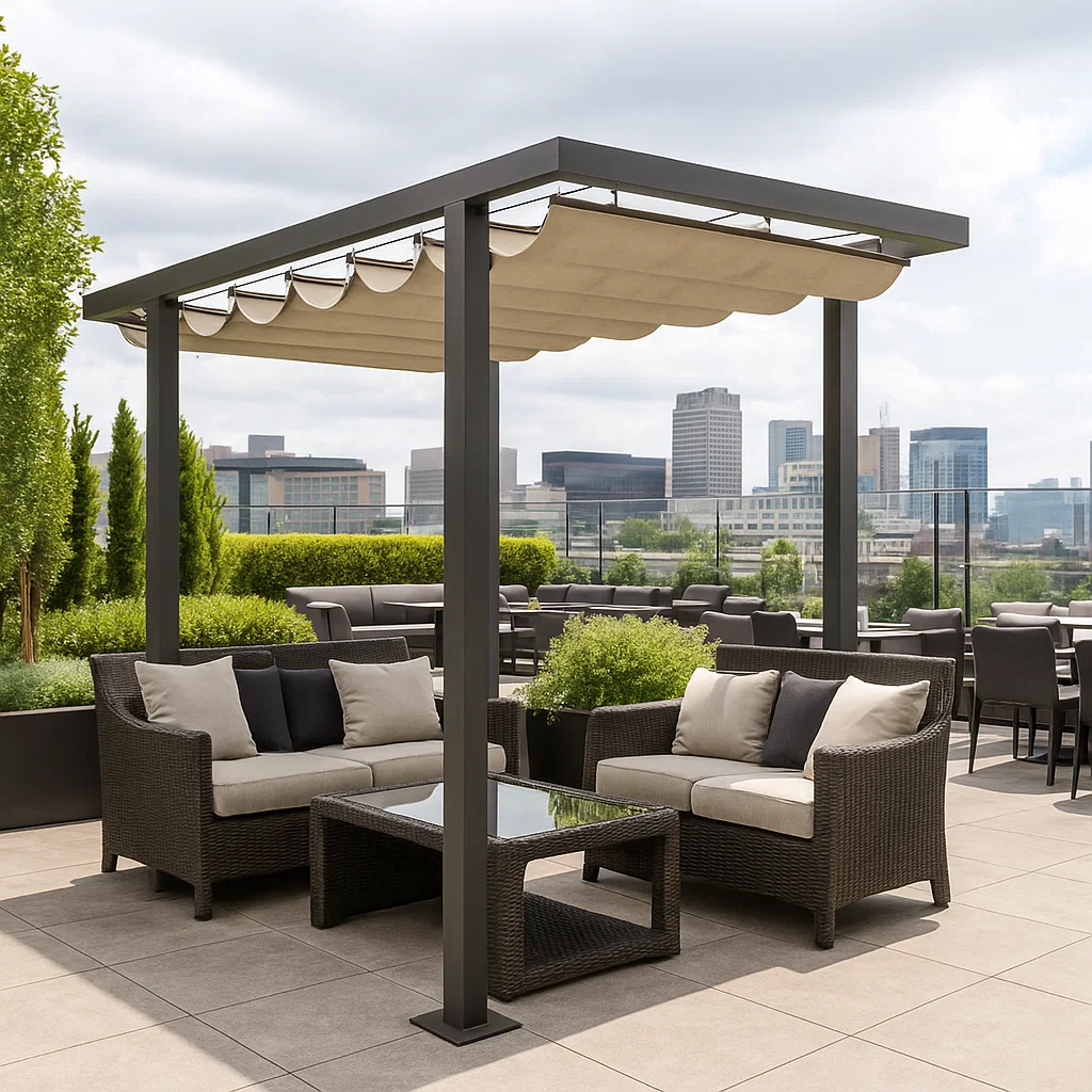 Modern rooftop pergola with retractable fabric canopy and luxury outdoor furniture overlooking downtown city skyline. Contemporary aluminum pergola structure featuring adjustable shade system, wicker patio seating with neutral cushions, and glass coffee table on upscale rooftop terrace. Premium outdoor living space with motorized retractable awning, commercial-grade patio furniture, landscaped planters, and panoramic urban views from high-rise building rooftop deck.