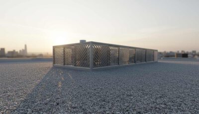 A RTU screen enclosure with diagonal louvered infill on a gravel-filled rooftop.