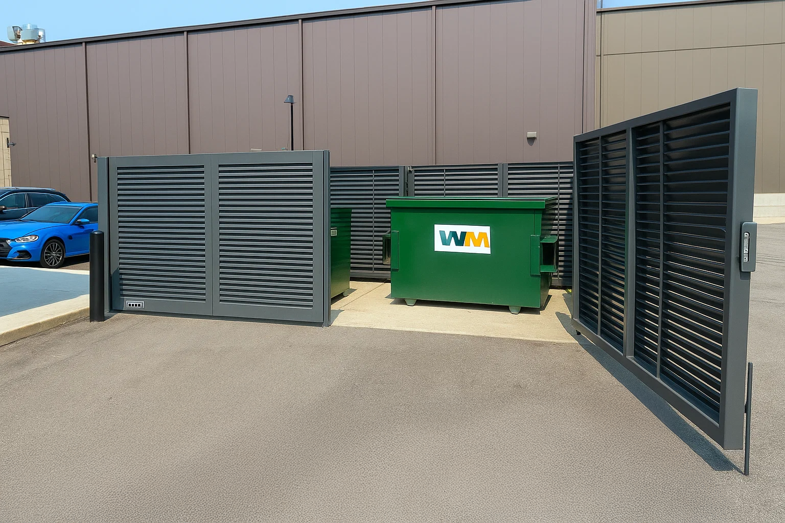 Dark grey aluminum louvered dumpster enclosure around waste management dumpster with one of the swing gates in the parking lot of a brown and tan building