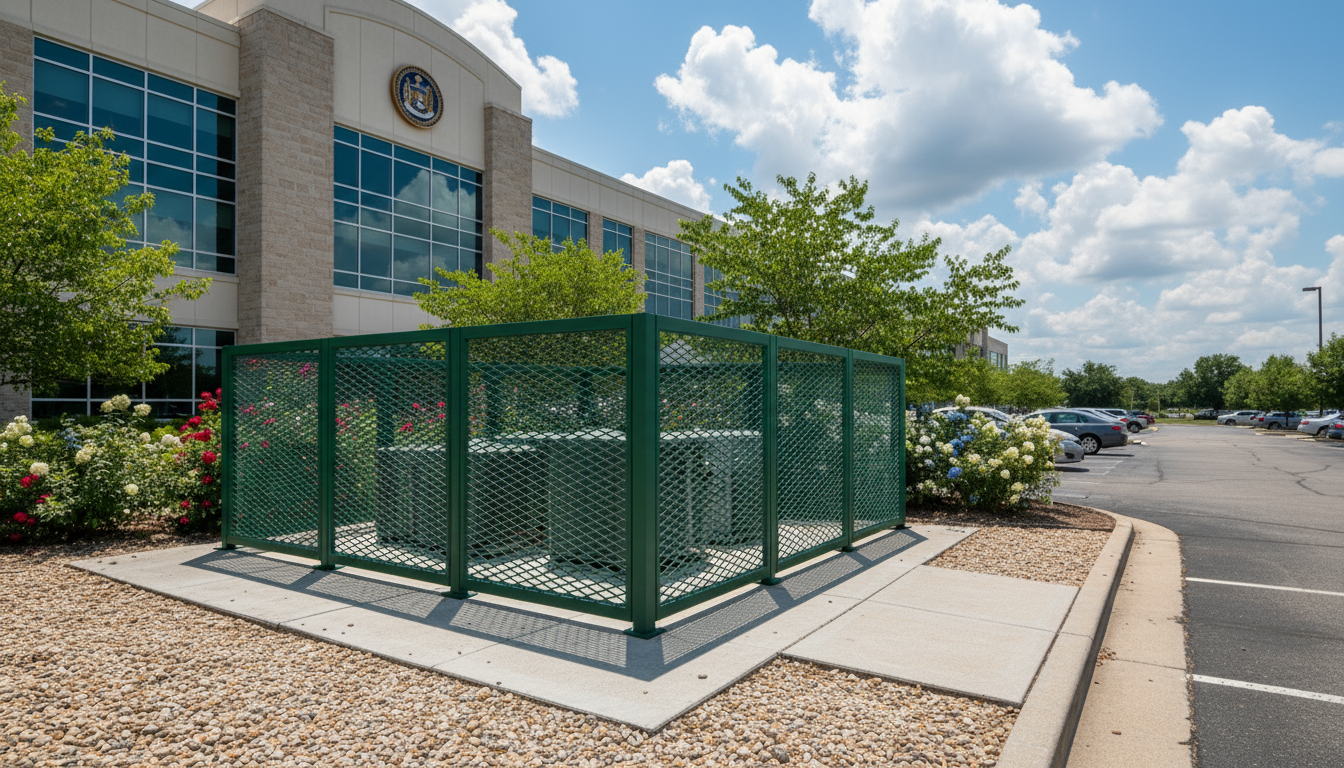 HVAC units surrounded by an expanded metal screen enclosure near a Midwest federal building's parking lot.
