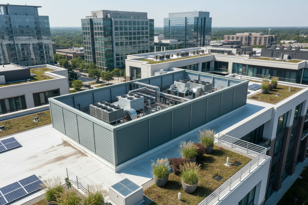 A louvered rooftop equipment enclosure on a Chicago rooftop, with skyscrapers and landscape in the background.