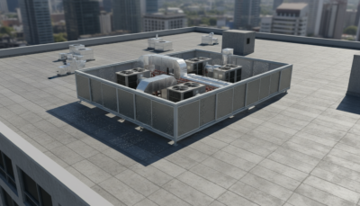 A louvered RTU screening system surrounding four HVAC units on a Los Angeles rooftop.