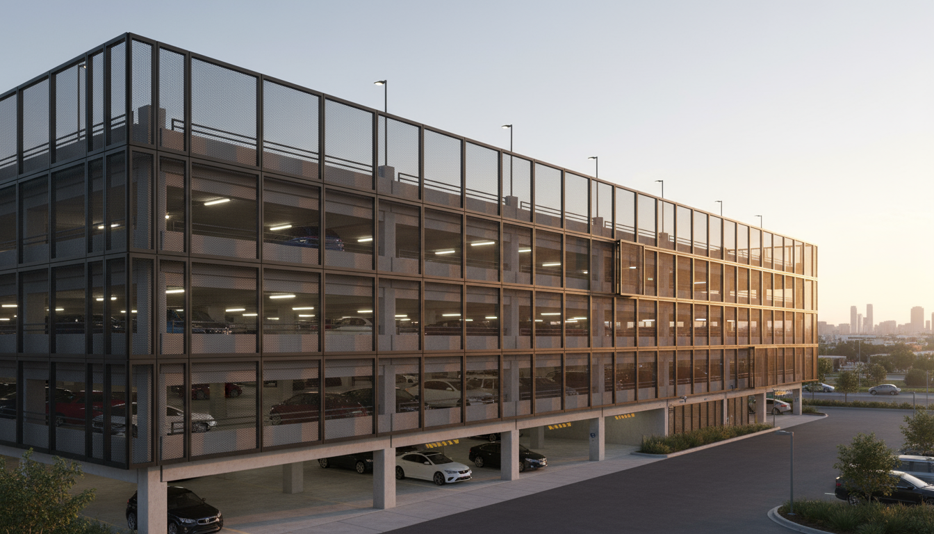 A parking garage on the outskirts of a city, covered with four stories of perforated screens.