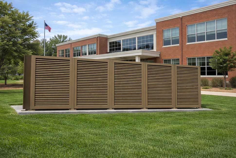A brown louvered equipment screening system outside a school building with an American flag in the background.