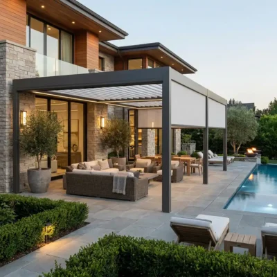 A luxurious backyard features a modern home with a pool, patio, and outdoor seating area. The patio is covered by a contemporary pergola with retractable shades.