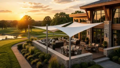 A luxury patio with comfortable seating and dining areas covered with white sail shades overlooks a scenic golf course at sunset. The scene captures the warm glow of the setting sun across the lush green landscape and the sophisticated outdoor space.