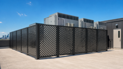 A mechanical equipment enclosure with horizontal bars making up the infill.